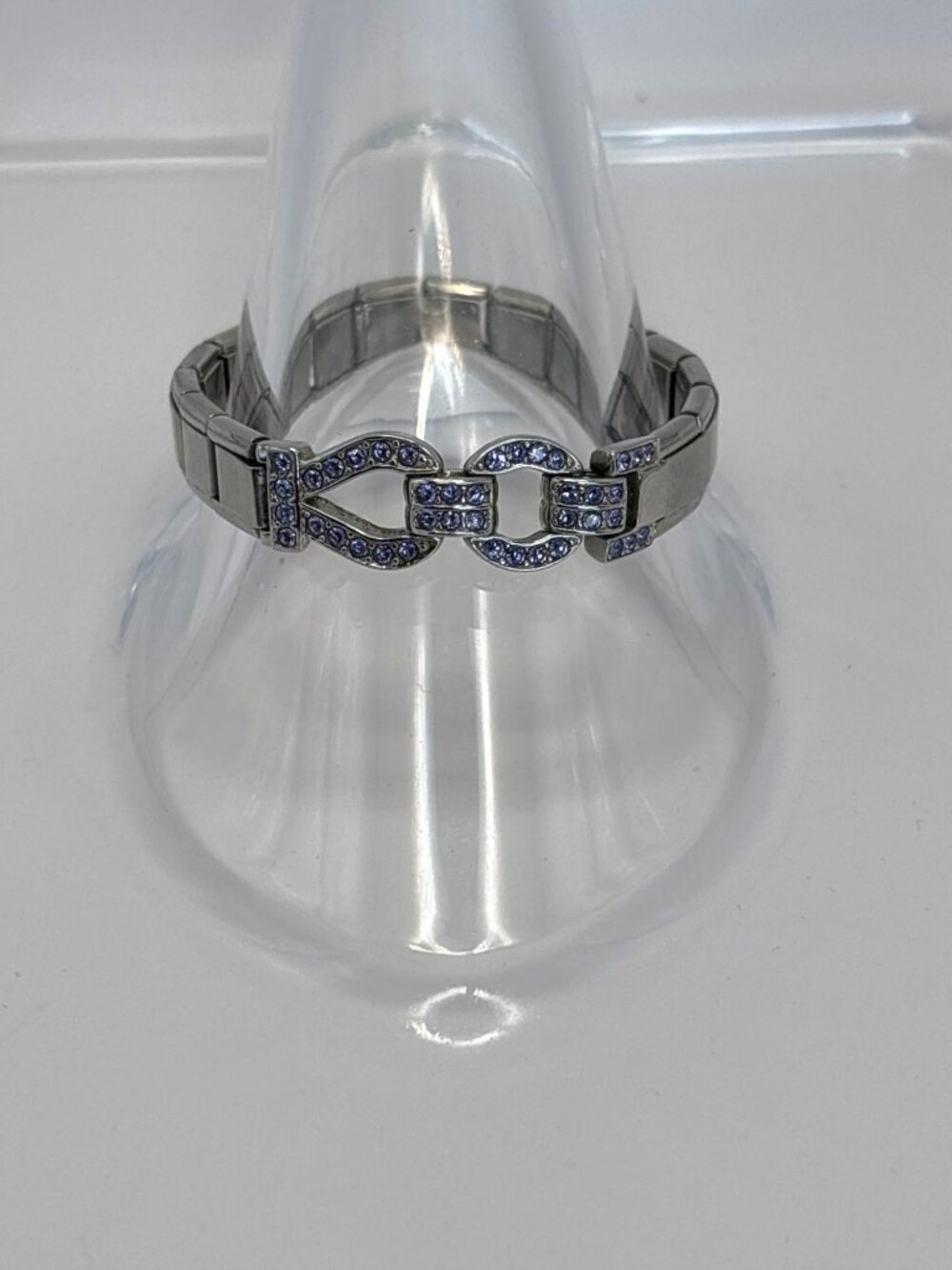 Monet Vintage Silver Tone Stretch Link Bracelet with Blue Rhinestones